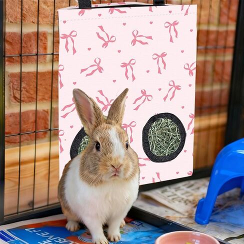 2Pcs 2 Styles Small Pet Hanging Hay Bag Pink Hay Feeder Bag with 2 Holes Bowknot Pattern Cloth Washable Rectangle Feeding Storage for Rabbit Chinchillas Hamsters Guinea Pigs 12 x 9 Inch in Kuwait
