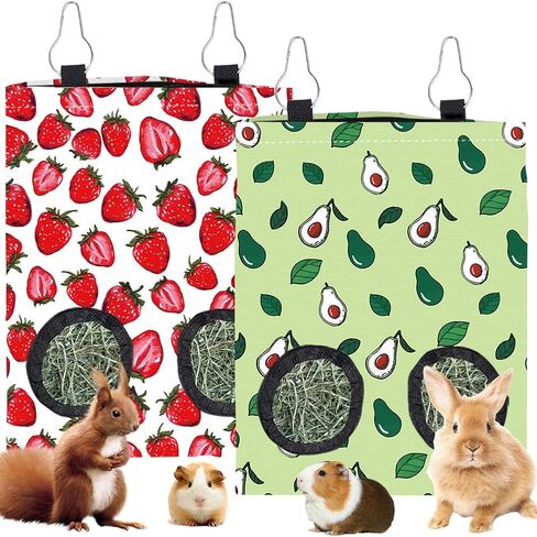 2Pcs 2 Styles Small Pet Hanging Hay Bag Pink Hay Feeder Bag with 2 Holes Bowknot Pattern Cloth Washable Rectangle Feeding Storage for Rabbit Chinchillas Hamsters Guinea Pigs 12 x 9 Inch in Kuwait