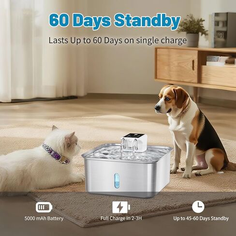 Wireless Dog Water Fountain - Dog Water Bowl Dispenser, 7L/236oz Large Capacity Stainless Steel Cat Fountain with Motion Sensor, Auto Water Dispenser for Multi-Pet Home (Square+5 Filters+5 Sponges) in Saudi Arabia