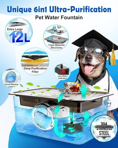 Large Dog Water Fountain SS304,12L Ultra-Purification Pet Drinking Dispenser with Visual Window,Widely Drinking Area,Deep Purification Filter,Triple Waterfall Structure,Low Water Indicator in Saudi Arabia