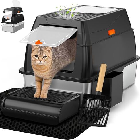 Vivifying Stainless Steel Litter Box with Lid, XL Front Entry Enclosed Extra Large Litter Box for Big Cats & Kitty, Top Exit Metal Cat Pan with Scoop, Mat, Footboard, Charcoal Filter (Black) in Saudi Arabia