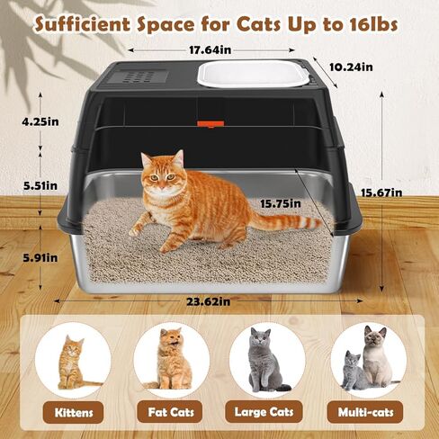 Vivifying Stainless Steel Litter Box with Lid, XL Front Entry Enclosed Extra Large Litter Box for Big Cats & Kitty, Top Exit Metal Cat Pan with Scoop, Mat, Footboard, Charcoal Filter (Black) in Saudi Arabia