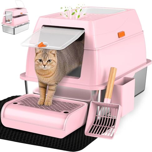Vivifying Stainless Steel Litter Box with Lid, XL Front Entry Enclosed Extra Large Litter Box for Big Cats & Kitty, Top Exit Metal Cat Pan with Scoop, Mat, Footboard, Charcoal Filter (Black) in Saudi Arabia