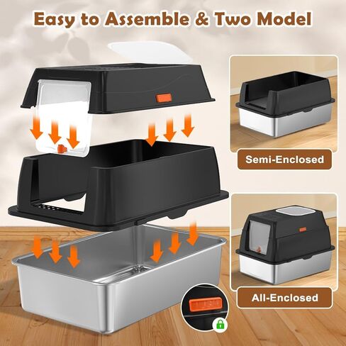 Vivifying Stainless Steel Litter Box with Lid, XL Front Entry Enclosed Extra Large Litter Box for Big Cats & Kitty, Top Exit Metal Cat Pan with Scoop, Mat, Footboard, Charcoal Filter (Black) in Saudi Arabia