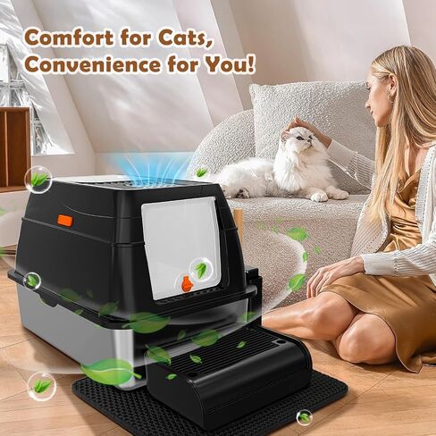 Vivifying Stainless Steel Litter Box with Lid, XL Front Entry Enclosed Extra Large Litter Box for Big Cats & Kitty, Top Exit Metal Cat Pan with Scoop, Mat, Footboard, Charcoal Filter (Black) in Saudi Arabia