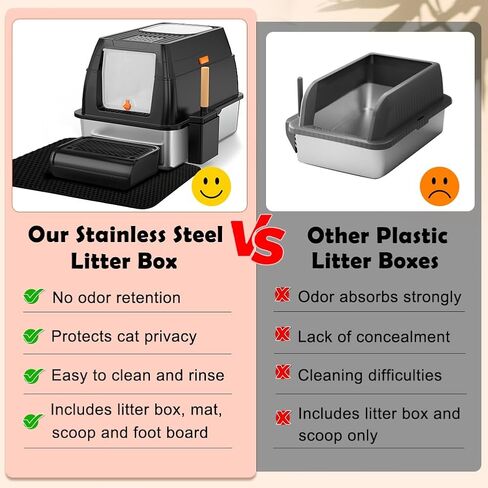 Vivifying Stainless Steel Litter Box with Lid, XL Front Entry Enclosed Extra Large Litter Box for Big Cats & Kitty, Top Exit Metal Cat Pan with Scoop, Mat, Footboard, Charcoal Filter (Black) in Saudi Arabia