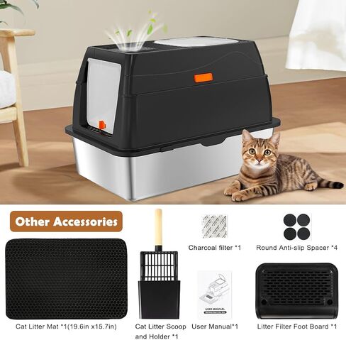 Vivifying Stainless Steel Litter Box with Lid, XL Front Entry Enclosed Extra Large Litter Box for Big Cats & Kitty, Top Exit Metal Cat Pan with Scoop, Mat, Footboard, Charcoal Filter (Black) in Saudi Arabia