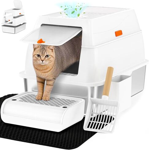 Vivifying Stainless Steel Litter Box with Lid, XL Front Entry Enclosed Extra Large Litter Box for Big Cats & Kitty, Top Exit Metal Cat Pan with Scoop, Mat, Footboard, Charcoal Filter (Black) in Saudi Arabia