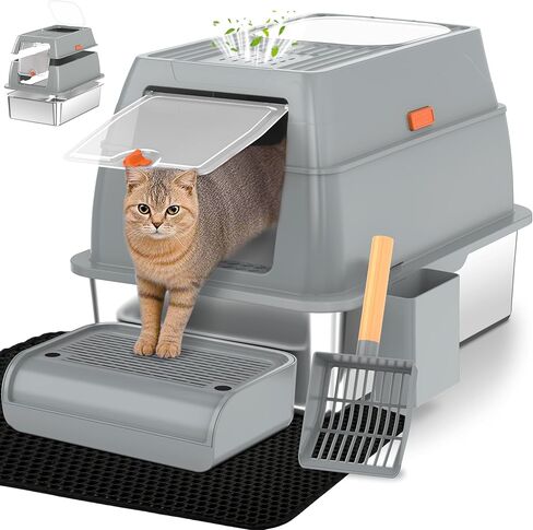 Vivifying Stainless Steel Litter Box with Lid, XL Front Entry Enclosed Extra Large Litter Box for Big Cats & Kitty, Top Exit Metal Cat Pan with Scoop, Mat, Footboard, Charcoal Filter (Black) in Saudi Arabia