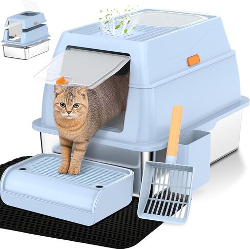 Vivifying Stainless Steel Litter Box with Lid, XL Front Entry Enclosed Extra Large Litter Box for Big Cats & Kitty, Top Exit Metal Cat Pan with Scoop, Mat, Footboard, Charcoal Filter (Black) in Saudi Arabia