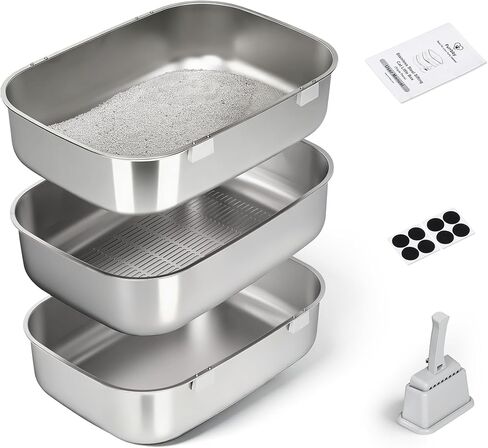 Triple Pan Stainless Steel Sifting Cat Litter Box, Large High Sided Metal Litter Box for Big Cats up to 20lbs, Odor-Free Non-Stick Easy Clean System, No Scooping Sifter Tray for Multi-Cat Homes in Saudi Arabia