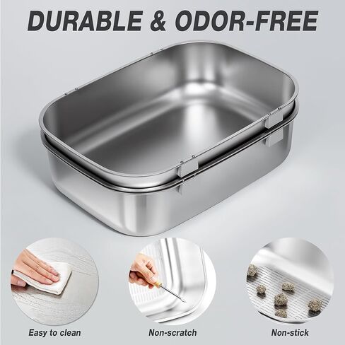 Triple Pan Stainless Steel Sifting Cat Litter Box, Large High Sided Metal Litter Box for Big Cats up to 20lbs, Odor-Free Non-Stick Easy Clean System, No Scooping Sifter Tray for Multi-Cat Homes in Saudi Arabia