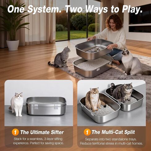 Triple Pan Stainless Steel Sifting Cat Litter Box, Large High Sided Metal Litter Box for Big Cats up to 20lbs, Odor-Free Non-Stick Easy Clean System, No Scooping Sifter Tray for Multi-Cat Homes in Saudi Arabia
