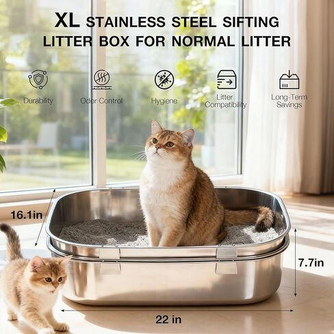 Triple Pan Stainless Steel Sifting Cat Litter Box, Large High Sided Metal Litter Box for Big Cats up to 20lbs, Odor-Free Non-Stick Easy Clean System, No Scooping Sifter Tray for Multi-Cat Homes in Saudi Arabia