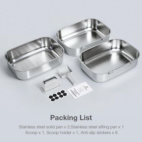 Triple Pan Stainless Steel Sifting Cat Litter Box, Large High Sided Metal Litter Box for Big Cats up to 20lbs, Odor-Free Non-Stick Easy Clean System, No Scooping Sifter Tray for Multi-Cat Homes in Saudi Arabia