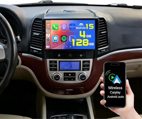 2G+64G for Hyundai Santa Fe Radio 2006-2012 with Wireless Apple CarPlay Android Auto，Hikity Android 13 Car Stereo 9 Inch Touch Screen Bluetooth with HiFi SWC GPS Navigation WiFi Backup Camera Mic in Saudi Arabia
