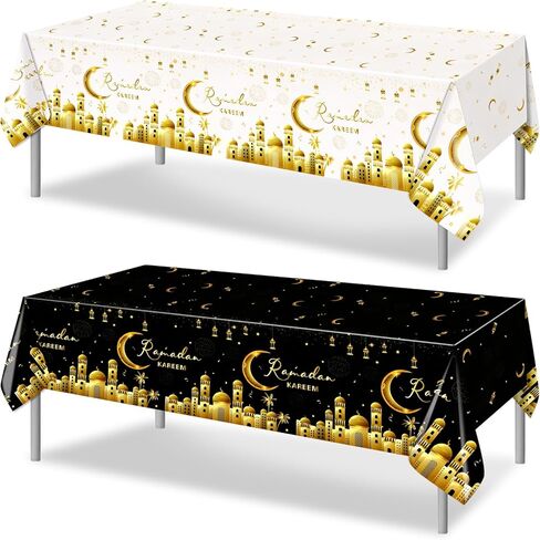 PHOGARY Ramadan Decorations 2 Pcs Ramadan Kareem Tablecloth, Ramadan Tablecloths Disposable Rectangle Plastic Eid Mubarak Table Covers for Eid Al-fitr Party Eid Decorations 54" X108", Black and White in Saudi Arabia