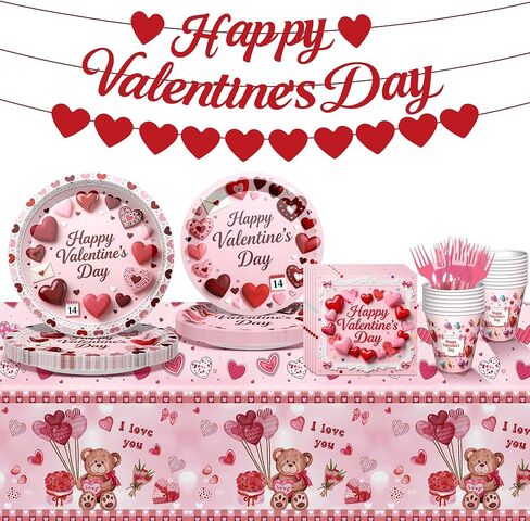 122 PCS Valentine‘s Day Party Supplies, Disposable Tableware Set Include Valentines Plates and Napkins, Cups, Forks, Banner and Tablecloth for Valentine's Day Party Decorations, Serve 24 in Saudi Arabia