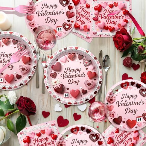 122 PCS Valentine‘s Day Party Supplies, Disposable Tableware Set Include Valentines Plates and Napkins, Cups, Forks, Banner and Tablecloth for Valentine's Day Party Decorations, Serve 24 in Saudi Arabia