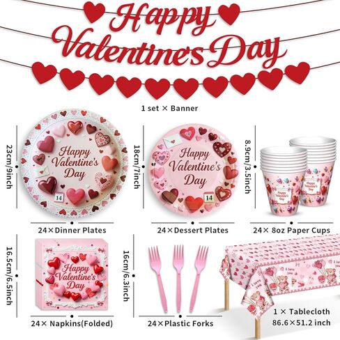 122 PCS Valentine‘s Day Party Supplies, Disposable Tableware Set Include Valentines Plates and Napkins, Cups, Forks, Banner and Tablecloth for Valentine's Day Party Decorations, Serve 24 in Saudi Arabia