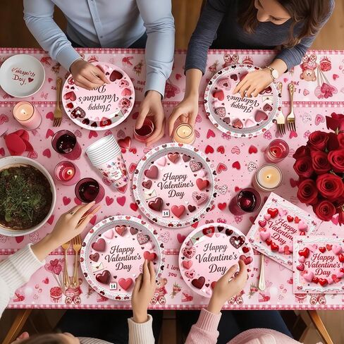 122 PCS Valentine‘s Day Party Supplies, Disposable Tableware Set Include Valentines Plates and Napkins, Cups, Forks, Banner and Tablecloth for Valentine's Day Party Decorations, Serve 24 in Saudi Arabia