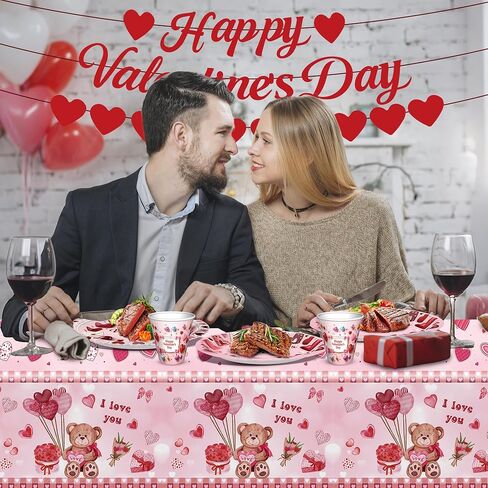 122 PCS Valentine‘s Day Party Supplies, Disposable Tableware Set Include Valentines Plates and Napkins, Cups, Forks, Banner and Tablecloth for Valentine's Day Party Decorations, Serve 24 in Saudi Arabia
