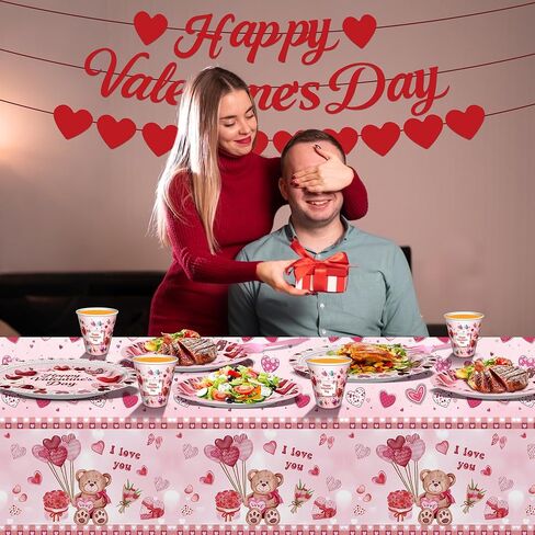 122 PCS Valentine‘s Day Party Supplies, Disposable Tableware Set Include Valentines Plates and Napkins, Cups, Forks, Banner and Tablecloth for Valentine's Day Party Decorations, Serve 24 in Saudi Arabia