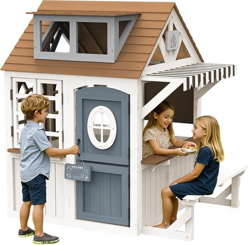 Albott Kids Outdoor Wooden Playhouse with Kitchen Set, Mailbox & Doorbell, Durable Wood Construction with Waterproof Roof & Rust-Resistant Hinges, Pretend Playhouse for 3–8 Years Old Boys & Girls in Saudi Arabia