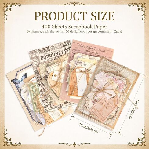 400Pcs Scrapbook Supplies Kit,4 Pack Vintage Decorative Paper Scrapbooking Supplies for Bullet Journal, Junk Journal, Planner, Collage Card Making，Retro Crafts，Aesthetic DIY Craft Embellishments in Kuwait