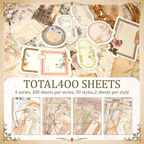 400Pcs Scrapbook Supplies Kit,4 Pack Vintage Decorative Paper Scrapbooking Supplies for Bullet Journal, Junk Journal, Planner, Collage Card Making，Retro Crafts，Aesthetic DIY Craft Embellishments in Kuwait