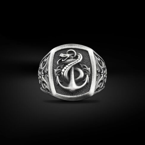 Unique Snake and Anchor Sterling Silver Men Signet Ring, Handmade Silver Ring, Dainty Sailor Jewelry, Daint Silver Men Rings, Gifts for Him in Saudi Arabia
