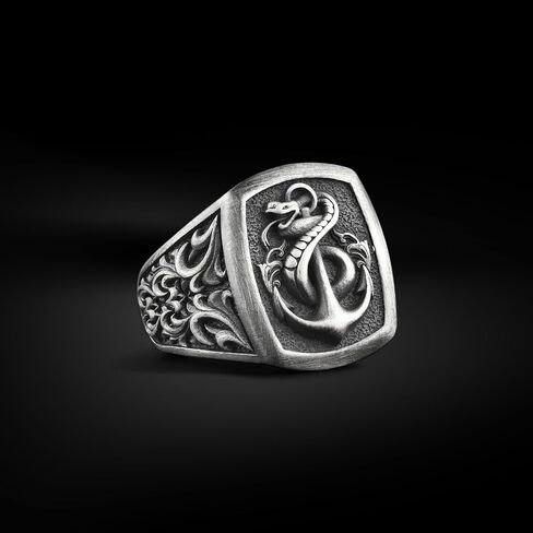 Unique Snake and Anchor Sterling Silver Men Signet Ring, Handmade Silver Ring, Dainty Sailor Jewelry, Daint Silver Men Rings, Gifts for Him in Saudi Arabia