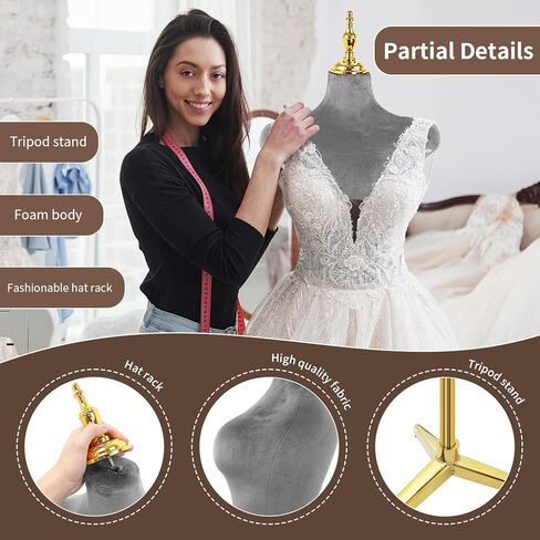 حامل ثلاثي القوائم للجسم من المخمل باللون الرمادي المخملي، ارتفاع قابل للتعديل Maniqui para Ropa، عارضة أزياء على شكل فستان وعرض مجوهرات مانيكان in Kuwait