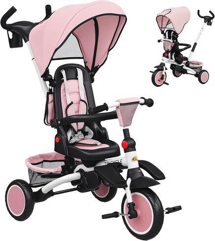 Qaba Kids Tricycle, 6 in 1 Foldable Baby Trike with Adjustable Push Handle, Tricycle Stroller with Removable Canopy, Reversible Seat, Safety Harness, Detachable Guardrail, Storage for 1-5 Years, Pink in Saudi Arabia