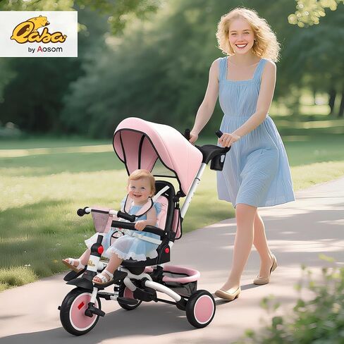 Qaba Kids Tricycle, 6 in 1 Foldable Baby Trike with Adjustable Push Handle, Tricycle Stroller with Removable Canopy, Reversible Seat, Safety Harness, Detachable Guardrail, Storage for 1-5 Years, Pink in Saudi Arabia