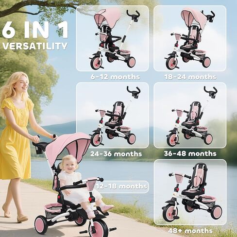 Qaba Kids Tricycle, 6 in 1 Foldable Baby Trike with Adjustable Push Handle, Tricycle Stroller with Removable Canopy, Reversible Seat, Safety Harness, Detachable Guardrail, Storage for 1-5 Years, Pink in Saudi Arabia