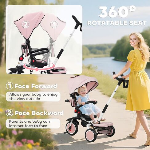 Qaba Kids Tricycle, 6 in 1 Foldable Baby Trike with Adjustable Push Handle, Tricycle Stroller with Removable Canopy, Reversible Seat, Safety Harness, Detachable Guardrail, Storage for 1-5 Years, Pink in Saudi Arabia