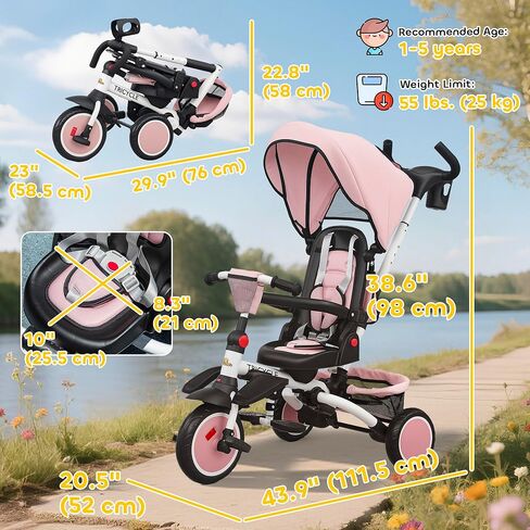 Qaba Kids Tricycle, 6 in 1 Foldable Baby Trike with Adjustable Push Handle, Tricycle Stroller with Removable Canopy, Reversible Seat, Safety Harness, Detachable Guardrail, Storage for 1-5 Years, Pink in Saudi Arabia