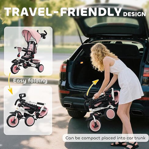 Qaba Kids Tricycle, 6 in 1 Foldable Baby Trike with Adjustable Push Handle, Tricycle Stroller with Removable Canopy, Reversible Seat, Safety Harness, Detachable Guardrail, Storage for 1-5 Years, Pink in Saudi Arabia