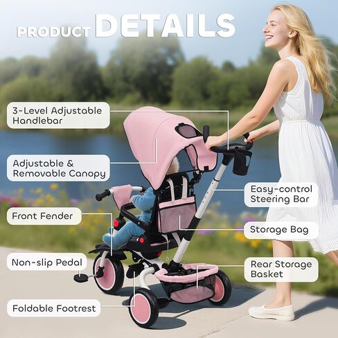 Qaba Kids Tricycle, 6 in 1 Foldable Baby Trike with Adjustable Push Handle, Tricycle Stroller with Removable Canopy, Reversible Seat, Safety Harness, Detachable Guardrail, Storage for 1-5 Years, Pink in Saudi Arabia