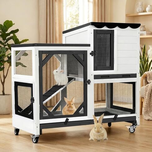 Aivituvin 39.3" Large 2-Story Rabbit Hutch, Indoor Outdoor Bunny Cage with Chew-Proof Ramp, Leak-Proof & Easy-to-Clean Tray, Lockable Wheels, for Rabbits & Guinea Pigs in Saudi Arabia