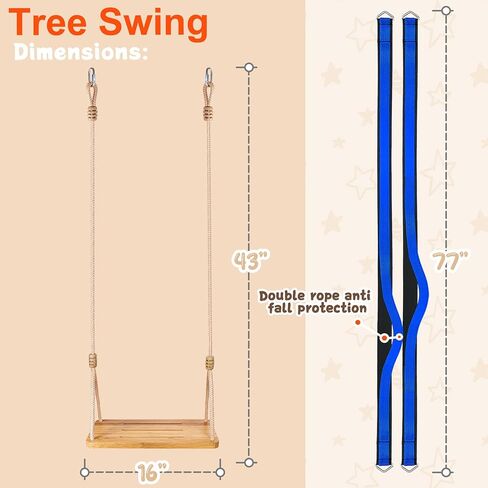 مقعد أرجوحة شجرة للبالغين والأطفال، سعة 500 رطل - كرسي تعليق خارجي وداخلي للشجرة والشرفة ومجموعة اللعب - يتضمن أرجوحة من الخيزران + حبال قابلة للتعديل، لا حاجة إلى تجميع in Kuwait