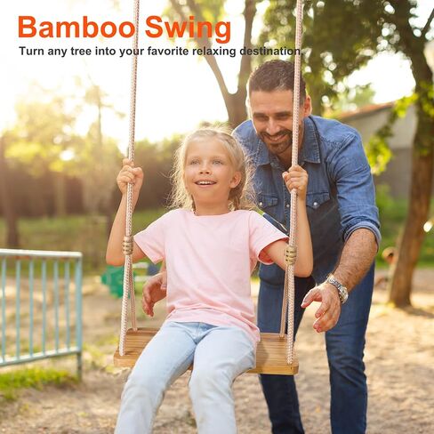 مقعد أرجوحة شجرة للبالغين والأطفال، سعة 500 رطل - كرسي تعليق خارجي وداخلي للشجرة والشرفة ومجموعة اللعب - يتضمن أرجوحة من الخيزران + حبال قابلة للتعديل، لا حاجة إلى تجميع in Kuwait