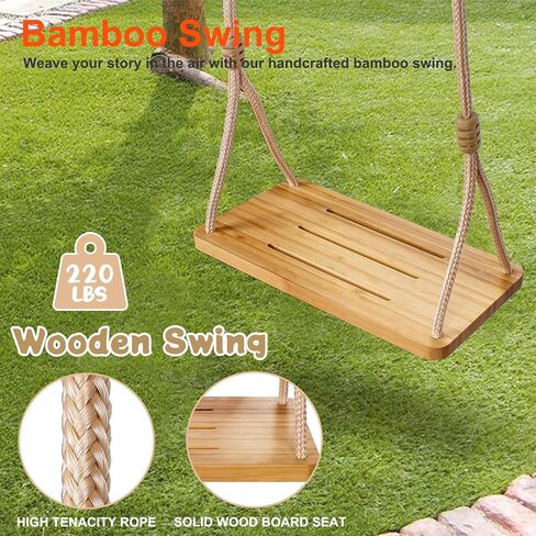 مقعد أرجوحة شجرة للبالغين والأطفال، سعة 500 رطل - كرسي تعليق خارجي وداخلي للشجرة والشرفة ومجموعة اللعب - يتضمن أرجوحة من الخيزران + حبال قابلة للتعديل، لا حاجة إلى تجميع in Kuwait