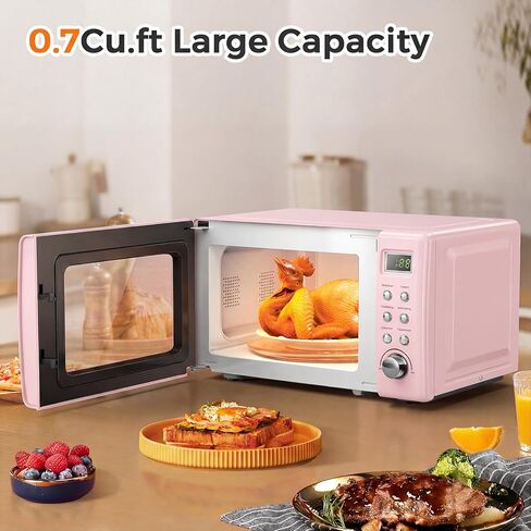 ARLIME Retro Microwave 0.7Cu.ft, 700 Watt Countertop Microwave with 5 Micro Power Defrost & Auto Cooking Function, LED Display, Child Lock, Pink Small Microwave for Kitchen, RV, Dorm in Saudi Arabia