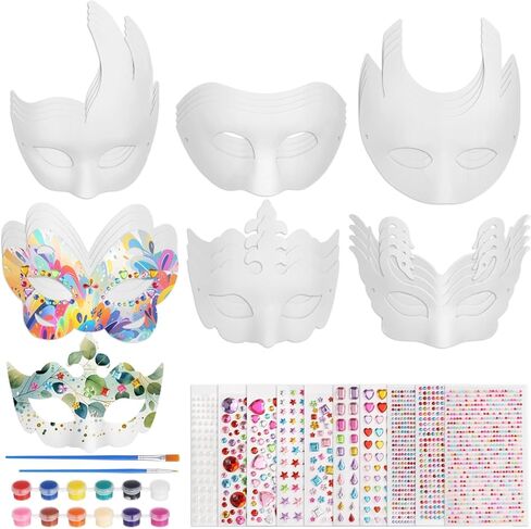 24 Pack White Paper Masks, DIY Half Face Masquerade Masks DIY Blank Mask to Decorate Paper Mache Mask for Painting with Tethers Paints Brushes and 10 Stickers for Mardi Gras Halloween Cosplay Party in Saudi Arabia