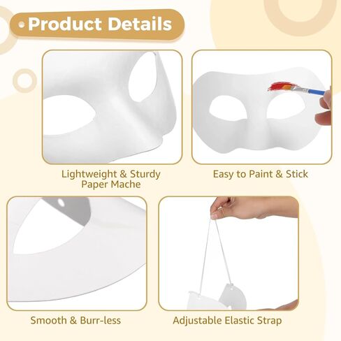 24 Pack White Paper Masks, DIY Half Face Masquerade Masks DIY Blank Mask to Decorate Paper Mache Mask for Painting with Tethers Paints Brushes and 10 Stickers for Mardi Gras Halloween Cosplay Party in Saudi Arabia