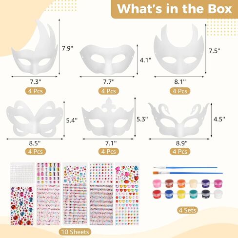 24 Pack White Paper Masks, DIY Half Face Masquerade Masks DIY Blank Mask to Decorate Paper Mache Mask for Painting with Tethers Paints Brushes and 10 Stickers for Mardi Gras Halloween Cosplay Party in Saudi Arabia