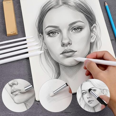Thinp Blending Stump، 9 قطع Tortillions مزج العصي أدوات مزج الباستيل الزيتية مع أقلام إسفنجة فرك ومبراة ورق الصنفرة أداة رسم باستيل الزيت لرسم رسم الفحم in Saudi Arabia