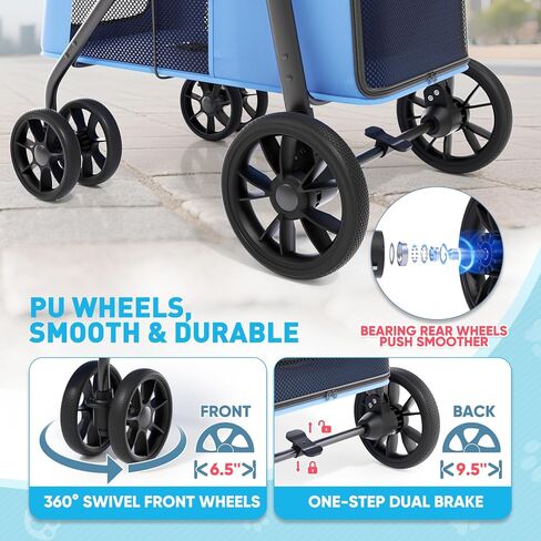 عربة ماجشيون للحيوانات الأليفة للكلاب الصغيرة والمتوسطة التي يصل وزنها إلى 66 رطل، عربة كلب قابلة للطي بنقرة واحدة مع شبكة مسامية، جيب تخزين للمشي اليومي والسفر، أزرق in Kuwait